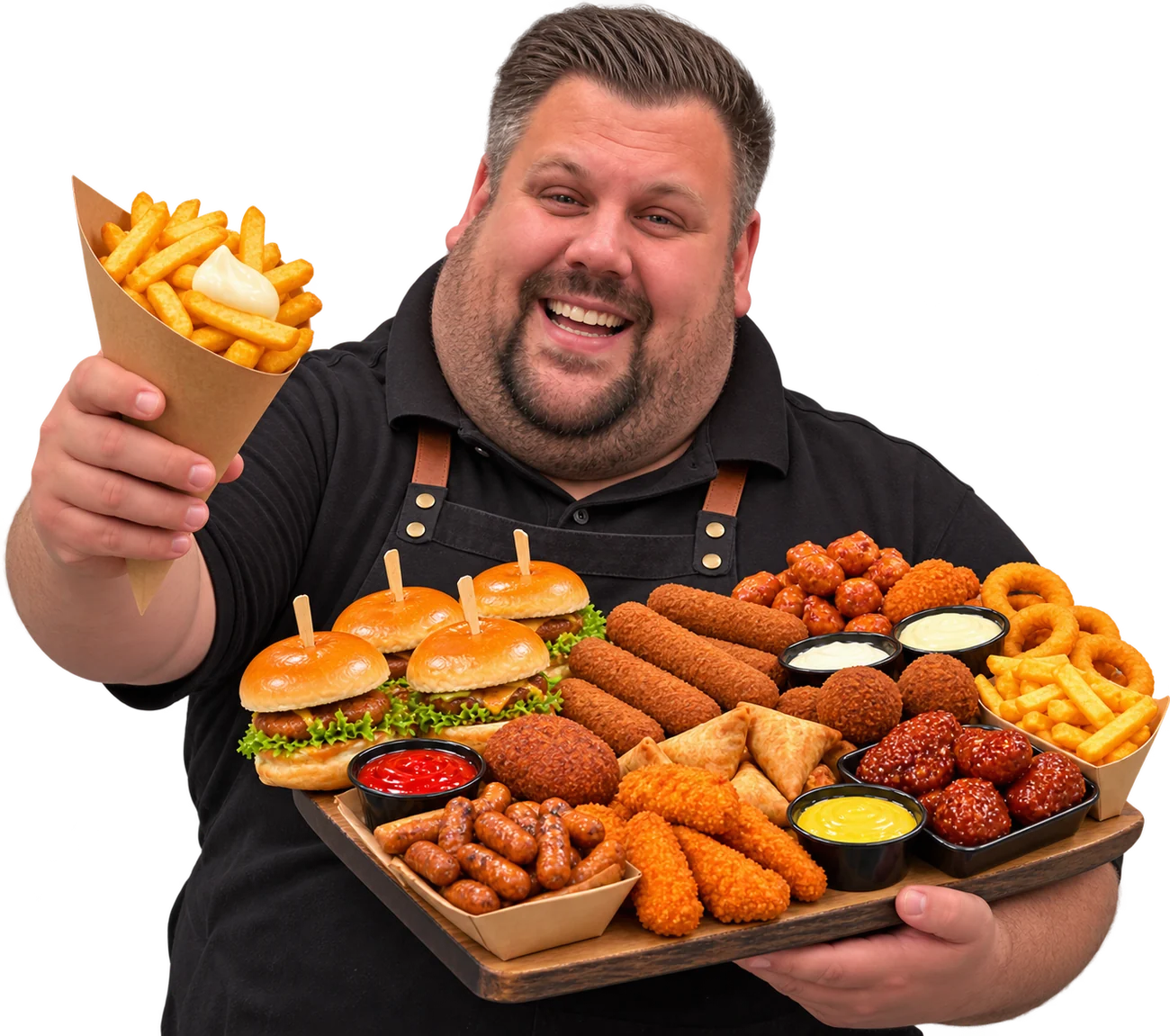 Chef van Voshaar Catering met een puntzak patat en een grote schaal vol snacks